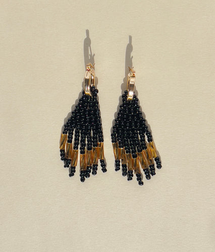 Mini Gold Hoop Black and Gold Beaded Earrings