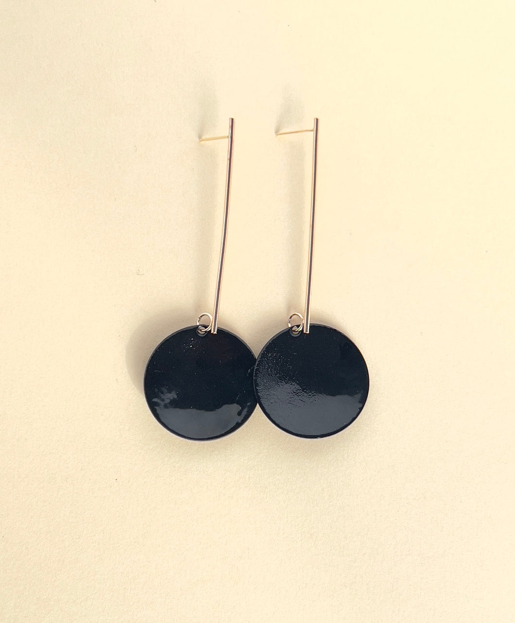 Gold Geometric Drop with Black Enamel Disc Earrings