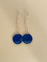 Load image into Gallery viewer, Gold Geometric Squiggly Drop with Blue Enamel Disc Earrings
