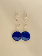 Load image into Gallery viewer, Gold Geometric Squiggly Drop with Blue Enamel Disc Earrings