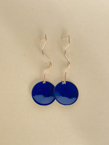 Gold Geometric Squiggly Drop with Blue Enamel Disc Earrings