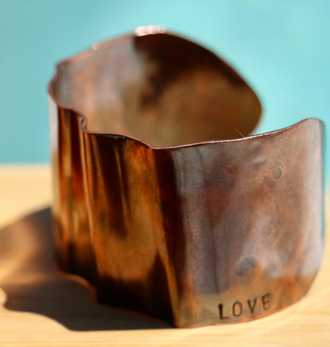 Rustic Fold-Formed Copper Cuff Bracelet Hand Stamped with LOVE