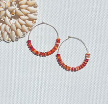 Load image into Gallery viewer, Spiny Oyster Rondelle Beaded Gold Hoop Earrings
