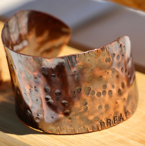 Rustic Fold-Formed Copper Cuff Bracelet Hand Stamped with DREAM