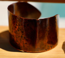 Load image into Gallery viewer, Rustic Fold-Formed Copper Cuff Bracelet Hand Stamped with JOY