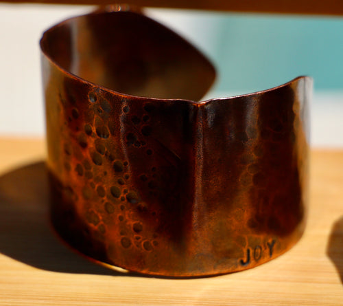 Rustic Fold-Formed Copper Cuff Bracelet Hand Stamped with JOY