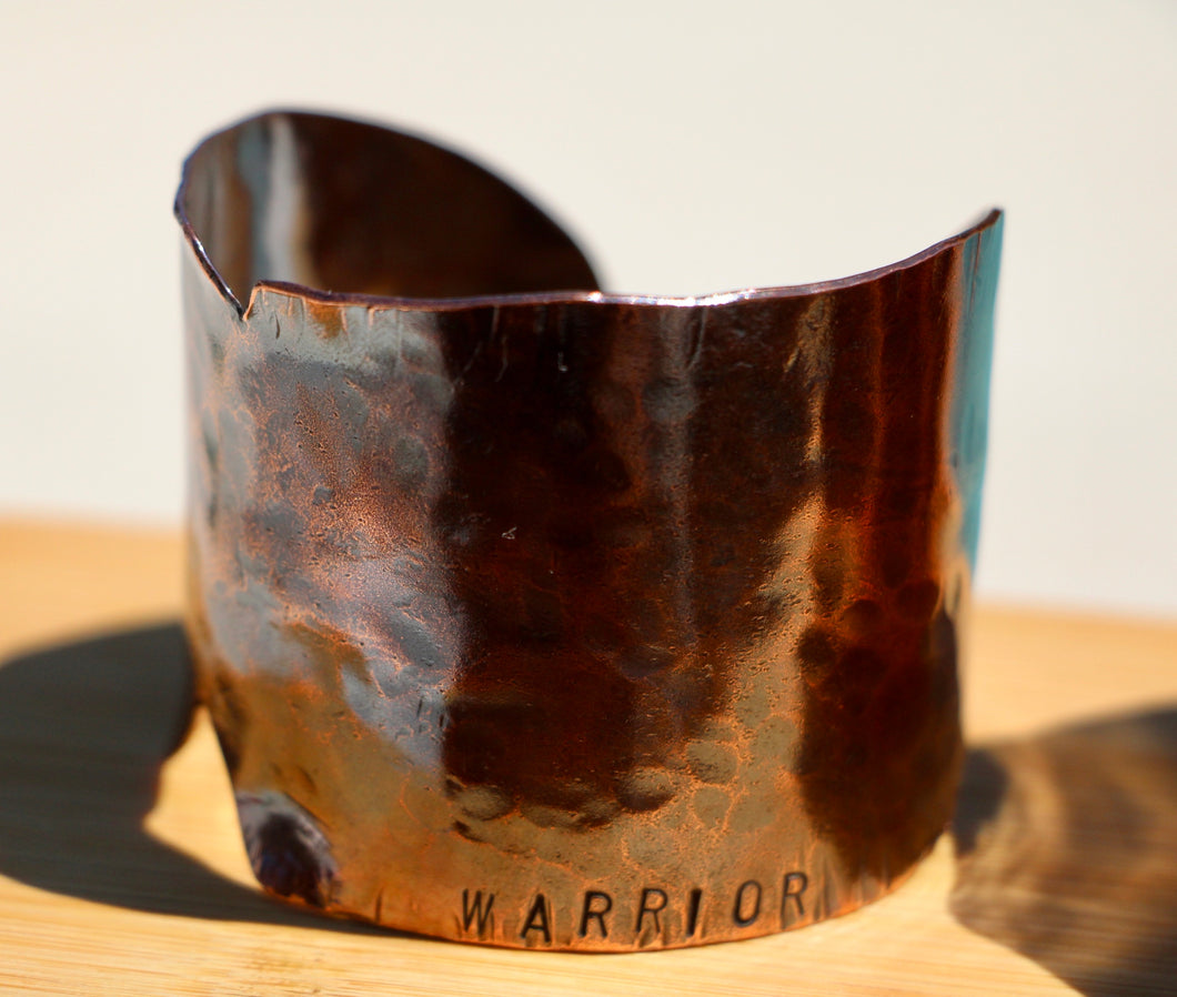 Rustic Fold-Formed Copper Cuff Bracelet Hand Stamped with WARRIOR