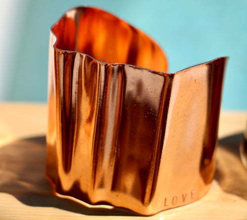 Shiny Fold-Formed Copper Cuff Bracelet Hand Stamped with LOVE