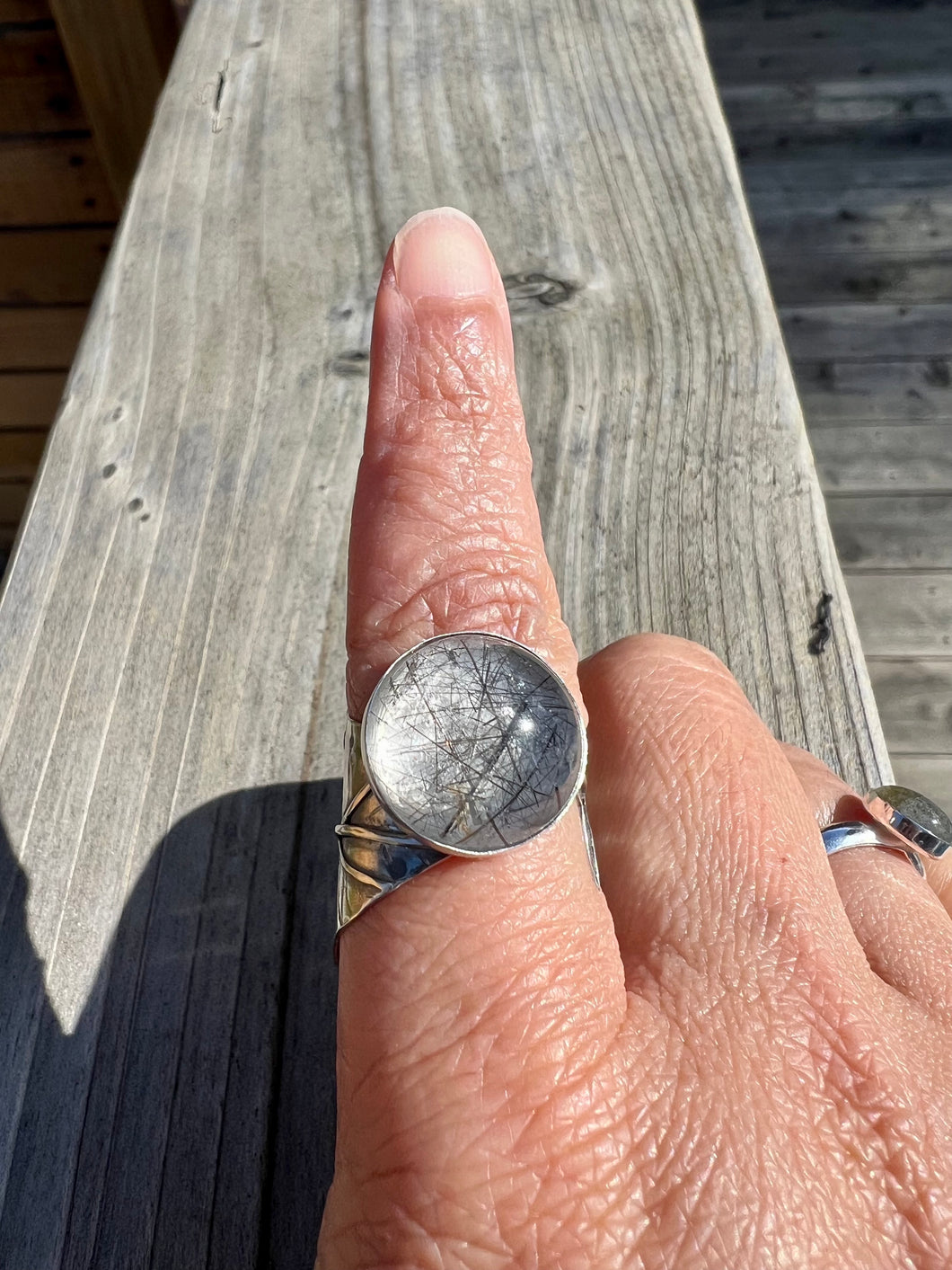 Black Rutilated Quartz with Open/Wrap Around Leaf Band Ring