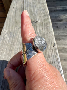 Black Rutilated Quartz with Open/Wrap Around Leaf Band Ring